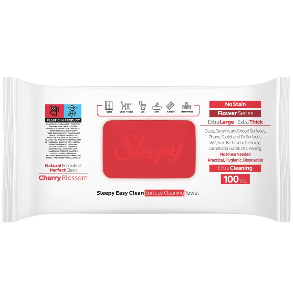 Șervețele umede pentru suprafețe Sleepy, cu capac, parfum Cireșe (Roșu), 100 buc