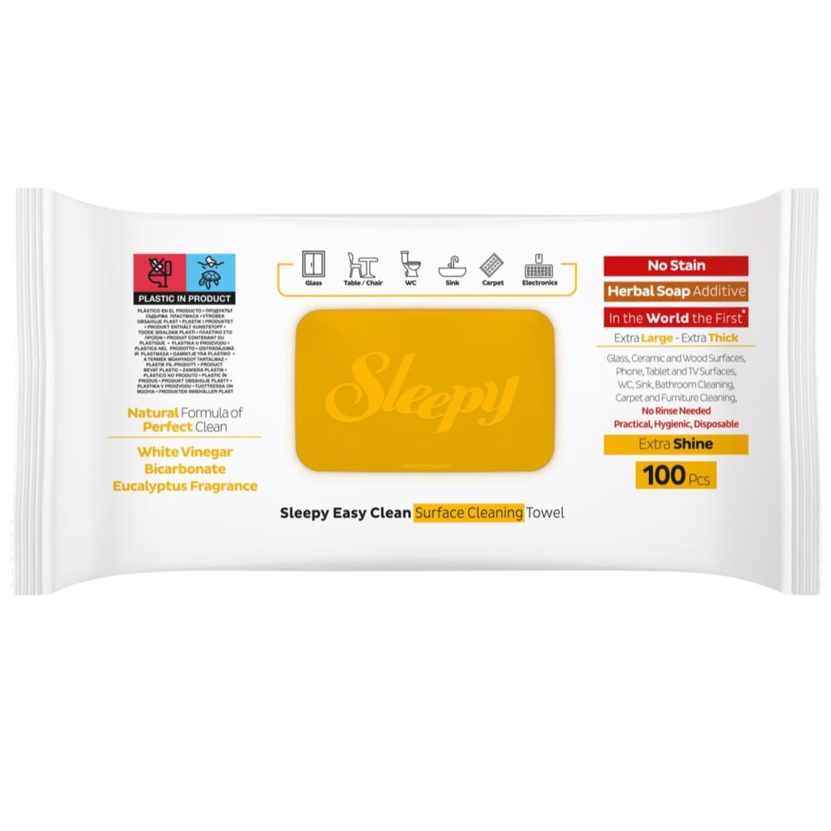 Șervețele umede pentru suprafețe Sleepy, cu capac, parfum Eucalipt (Galben), 100 buc